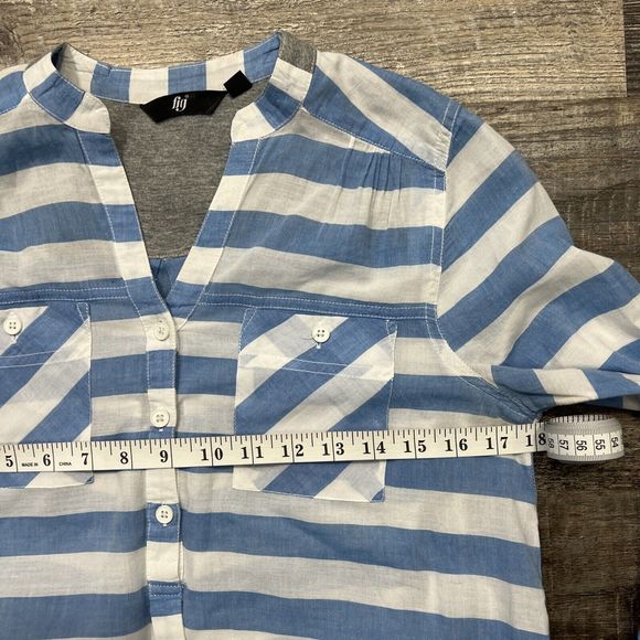 FIG Blue & White Women's Blouse Elastic Hem w Roll-up Tabs Size Medium - Picture 7 of 9